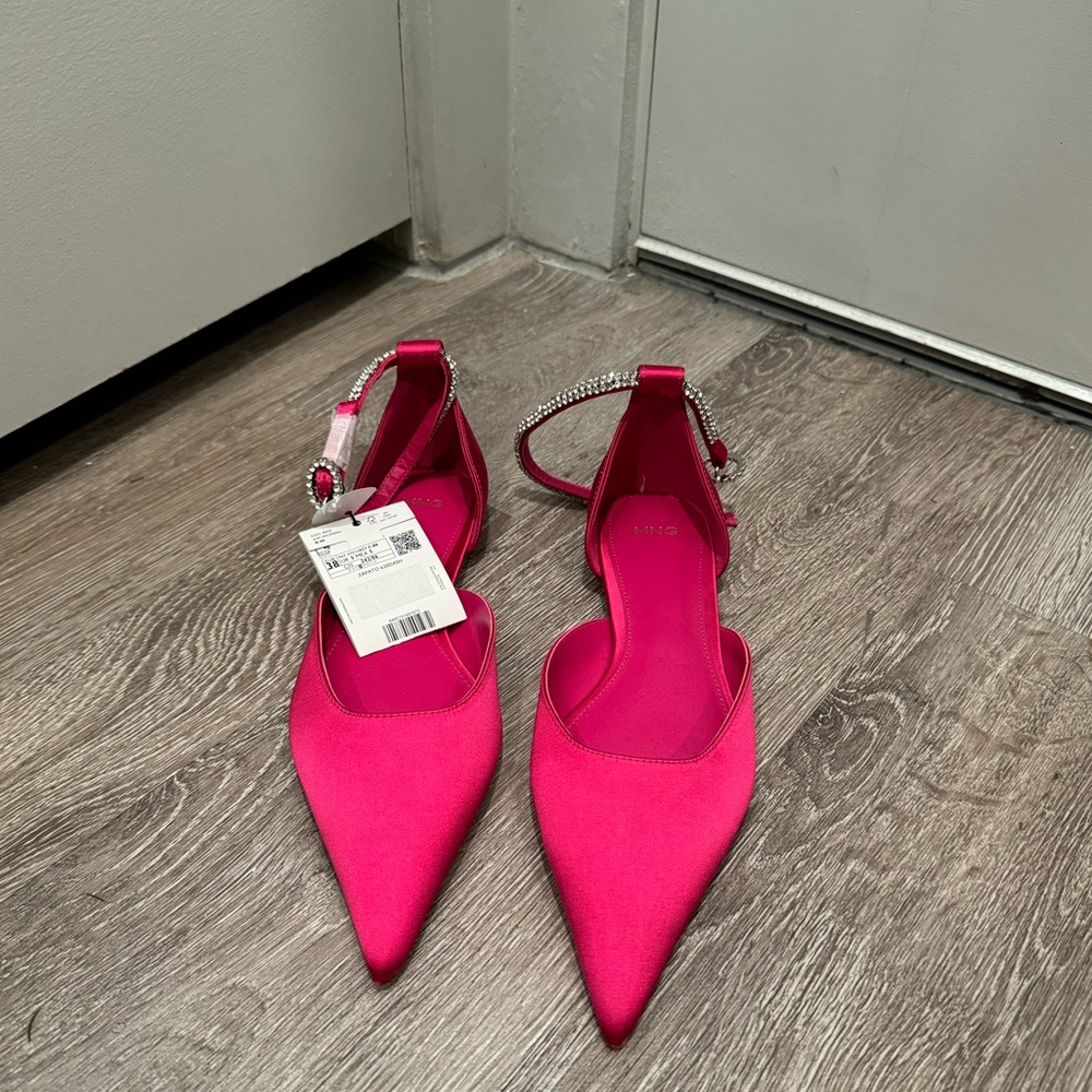 Mango hot pink satin flats with crystal ankle strap, size 7/38